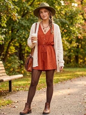 Lulu's Burnt Sienna Kimono Bell Sleeves Flowy Boho Romper, Sz XL